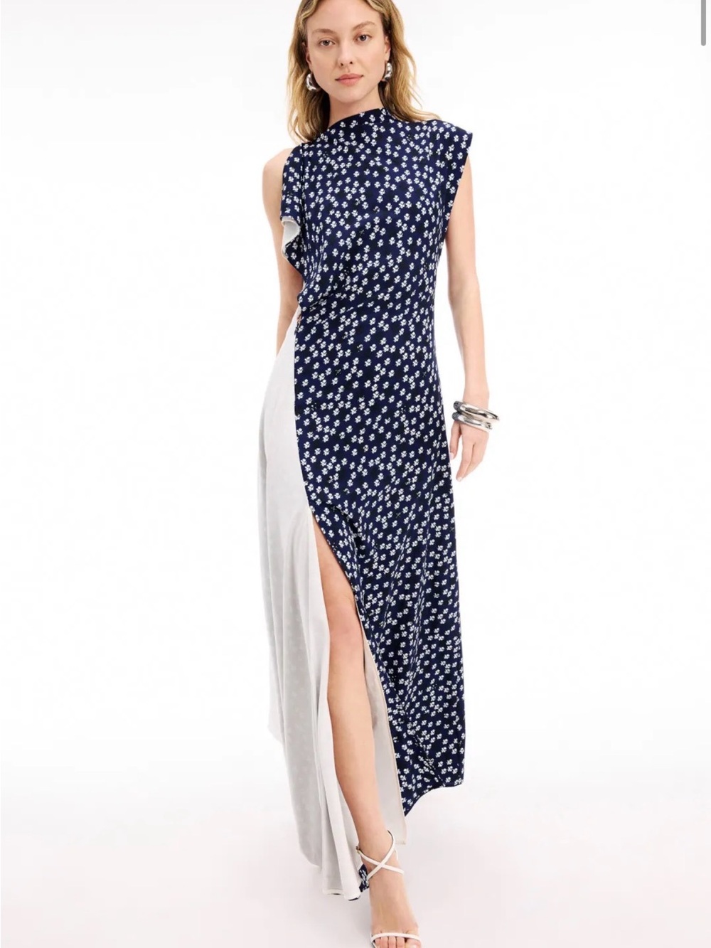 Proenza Schouler Devyn Navy Floral Asymmetric Maxi Dress with Side Slit